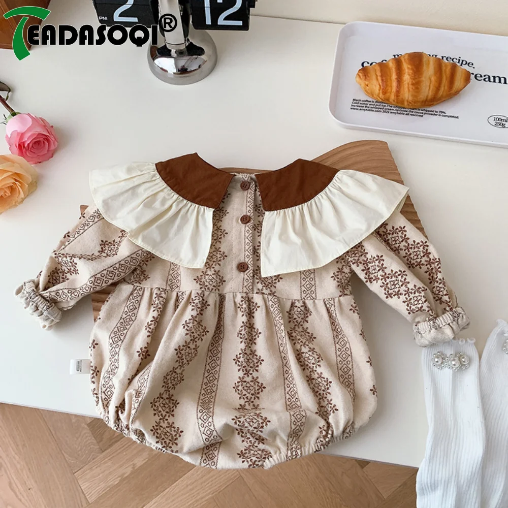 

2023 autumn spring newborn baby girls full sleeve ruffle-collar one-piece infant kids overalls toddler 98% cotton bodysuits