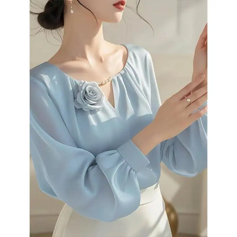 

3D Flower Pearl French Fashion Elegant Blue Long Sleeve Shirts Women Blouse Korean Casual Office Lady Blusas Mujer Spring 2025