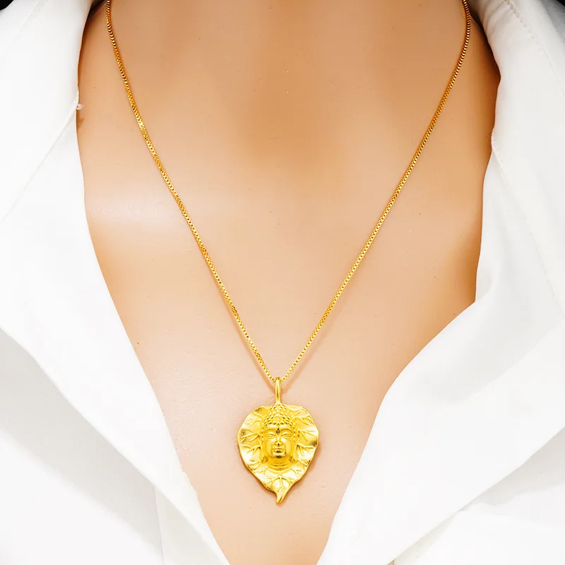 Real 18K Gold Color Necklace for Women Bridal Fine Jewelry Lucky Buddha Head Pendant Chain Necklaces Anniversary Gifts