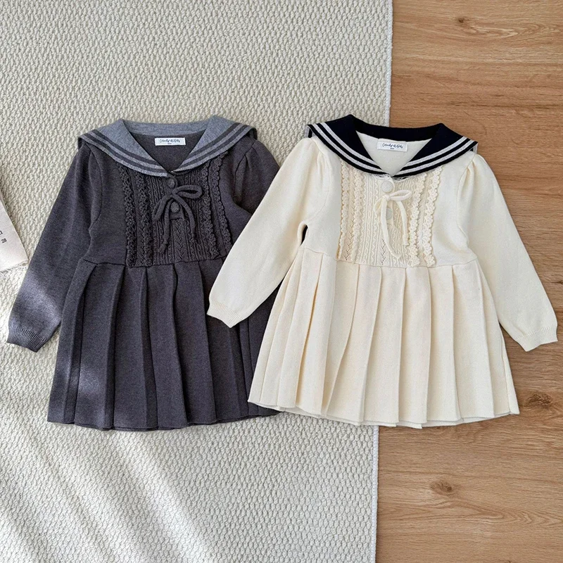 

1-5Y Navy Collar Kids Knitwear Dress Autumn Girls Sweater Dress Baby Academic Style Pleated Dress Knit Clothes Princess Dress