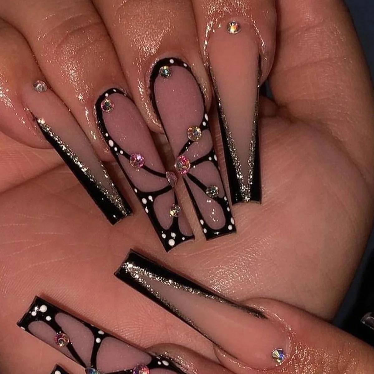 24 Stück lange Ballett-Kunstnägel, rosa Schmetterling mit Strasssteinen, französisches Design, tragbare künstliche Nägel, glitzernde Nägel zum Aufdrücken, Tipps, Kunst – Detail 1