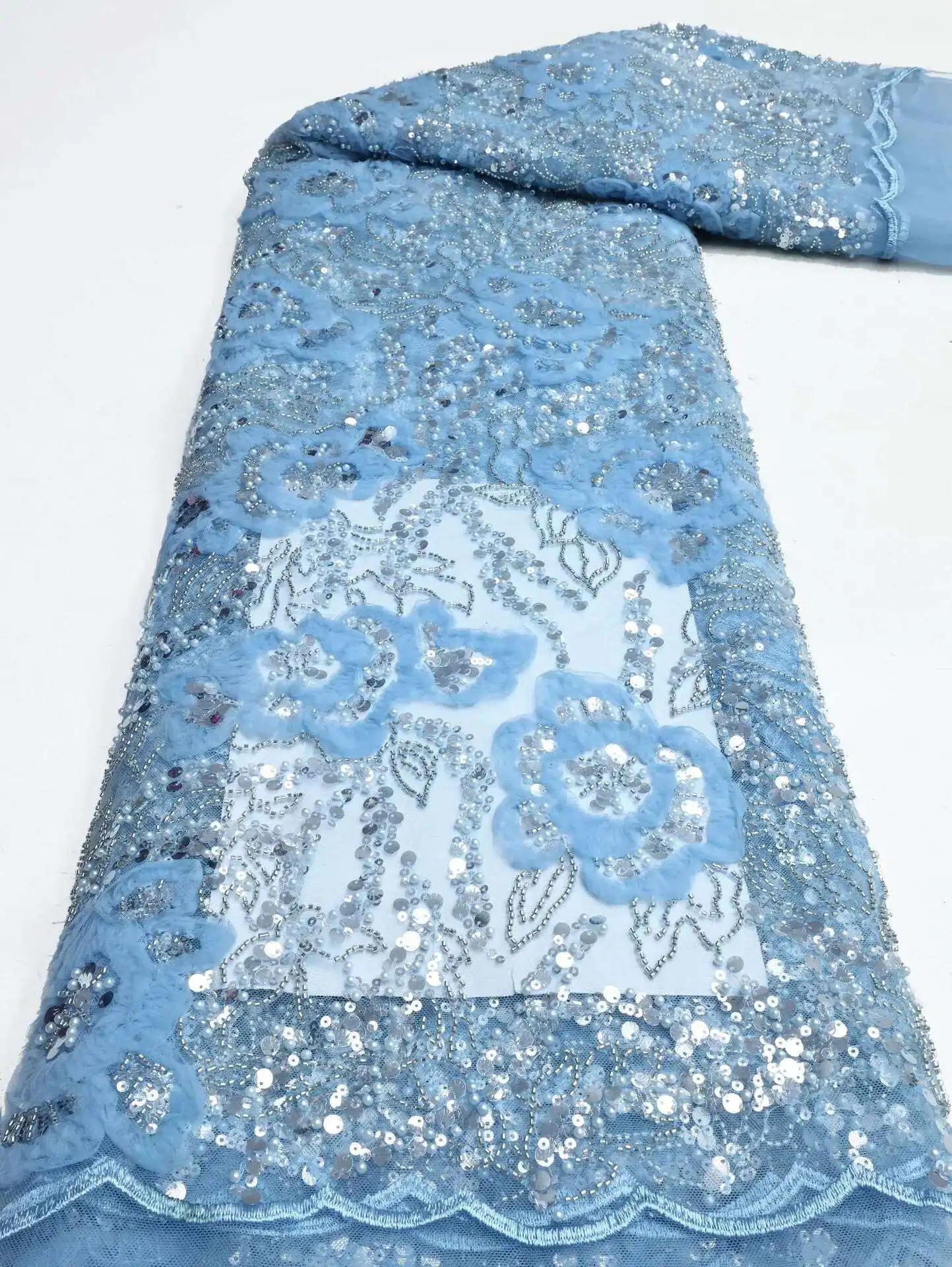 Tessuto africano con paillettes Ricamo da sposo di alta qualità con perline Materiale di pizzo tulle francese nigeriano per abiti da sposa Caldo