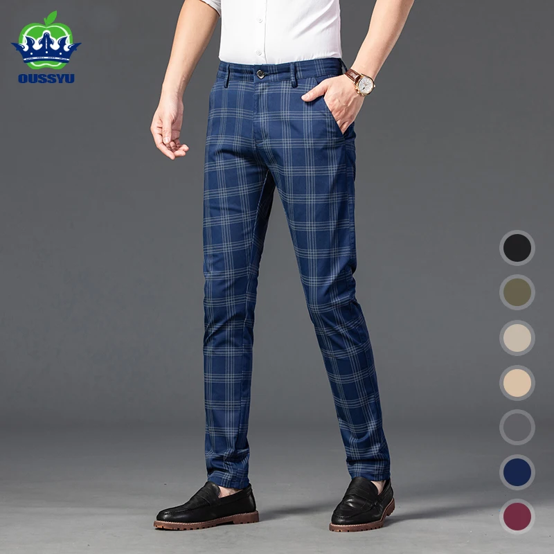 

OUSSYU Brand Men's Plaid Pants Casual Elastic Long Trousers Cotton Blue Skinny Business Work Pant for Male Classic Clothing