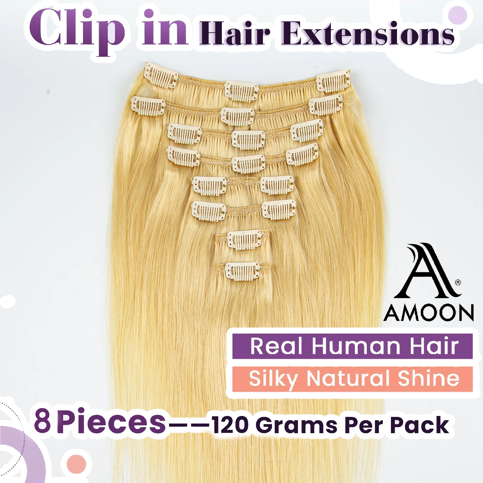 Amoon-Clipe Loiro em Extensões de Cabelo, Cabelo Natural Real, Remy Straight Set, Brasileiro, 8 Pcs