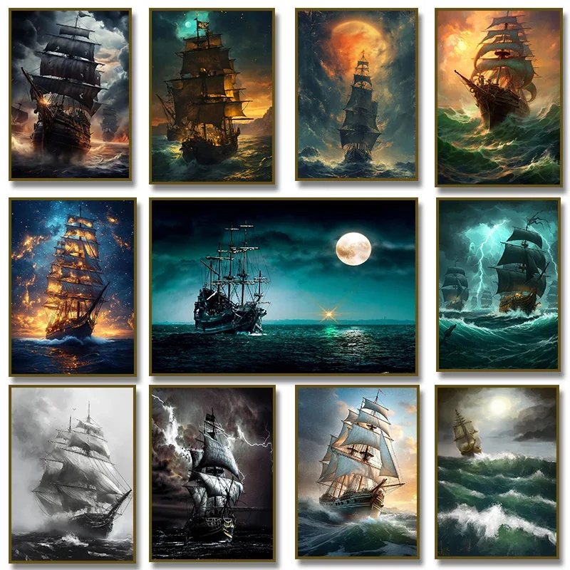 Pirate Ship Sailboat Sailing Ocean Moon Canvas Painting Poster Wall Picture Print for Living Room Home Decor