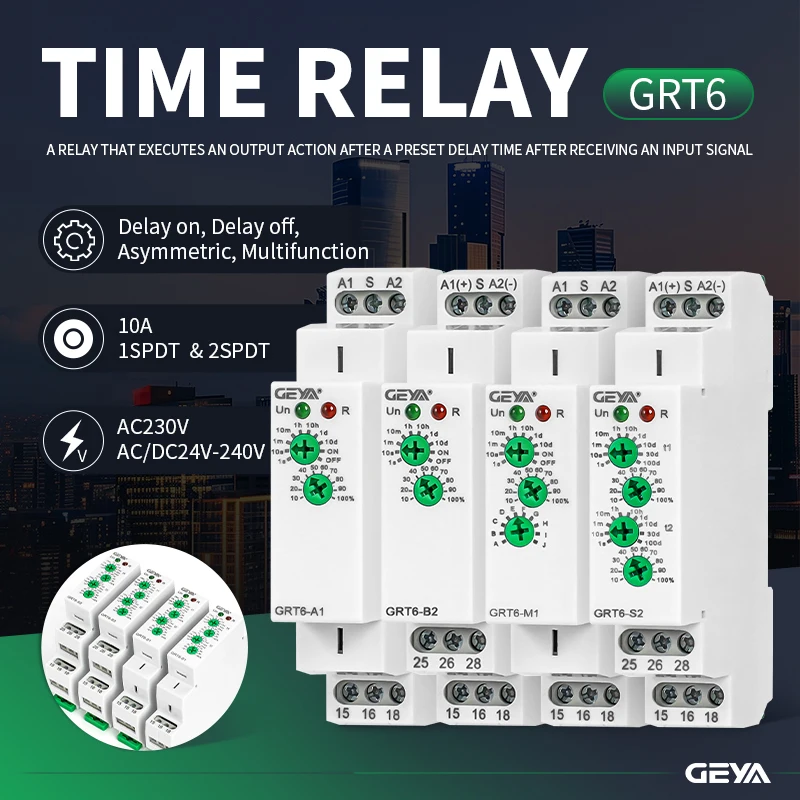 GEYA GRT6-M 24~240V AC DC Din Rail 0.1s-10 days Time Delay Relay 10A Multifunction Timer Relay with 10 Function Choices 220V