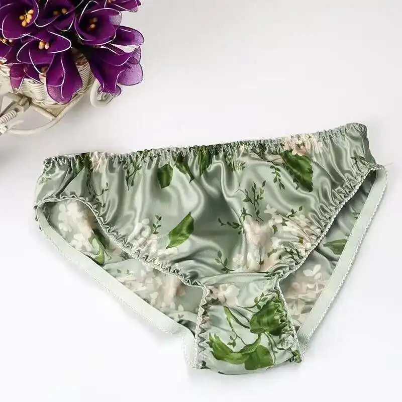 Summer Floral Print Ice Silk Men See Through Lingerie Panties Plus Size Underwear Sexy Medium Waist Briefs