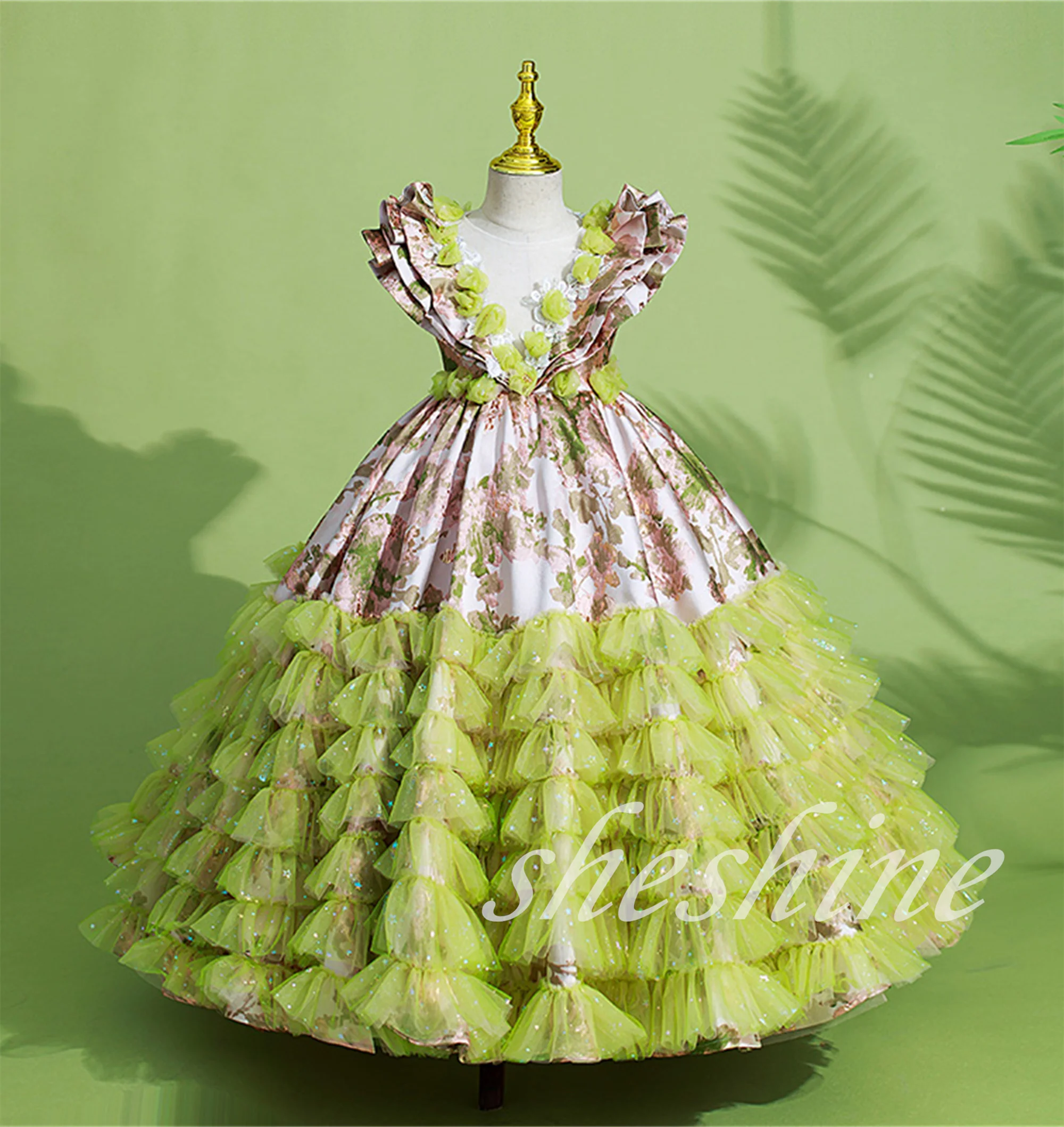 Special green kid princess ball gowns sleeveless kid green birthday party celebration puffy dress unique green prom model dresse