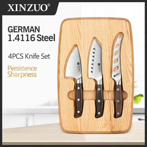 XINZUO 3.5+4.5+5 인치 치즈 나이프 고 탄소 스테인레스 스틸 4PCS 주방 나이프 세트 도마 절묘한 선물 상자