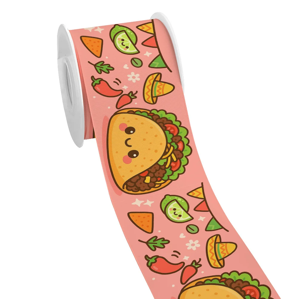 Cinta de grogrén con estampado de dibujos animados de comida mexicana (Tacos Snack) de 5 yardas para lazos de animación, accesorios para el cabello de niña DIY y lazos de satén