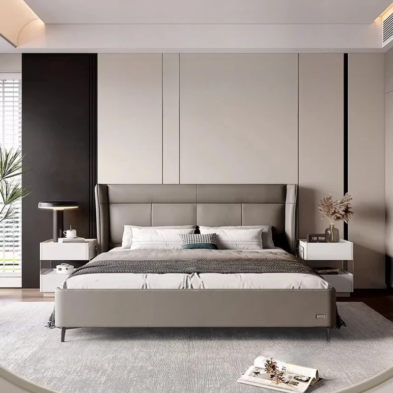 Minimalist light luxury leather bed master bedroom furniture cowhide soft bag double bed