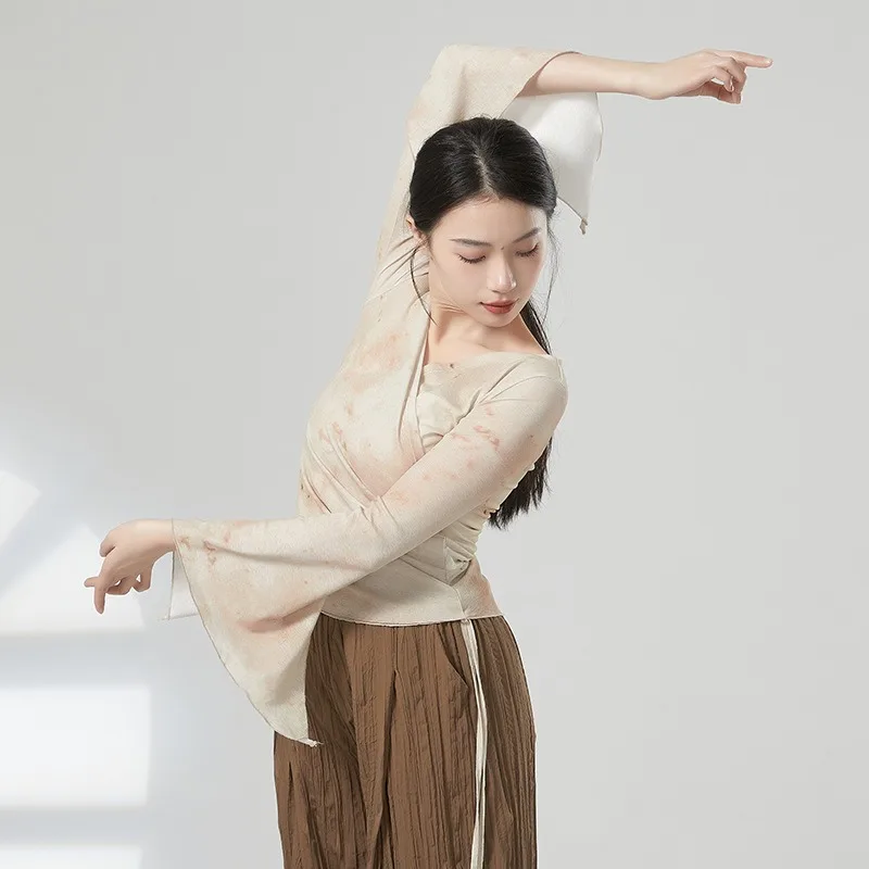 Horn Sleeve Gauze Shirt Women Classical Mesh Top Printed Transparent Sexy Dancer Practice Wear Performance Suit Hanfu Chinese