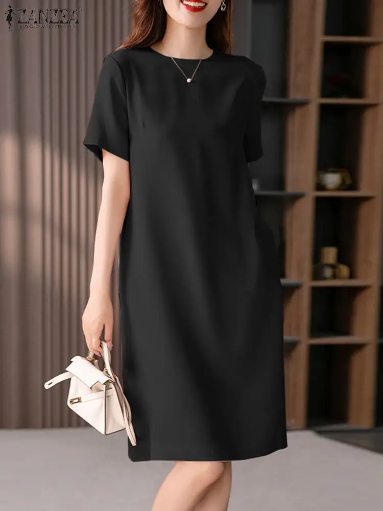 

2024 ZANZEA Summer Fashion Casual Knee-length Sundress Stylish Party Work Vestido Women Elegant O Neck Short Sleeve Solid Dress