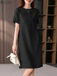 2024 ZANZEA Summer Fashion Casual Knee-length Sundress Stylish Party Work Vestido Women Elegant O Neck Short Sleeve Solid Dress