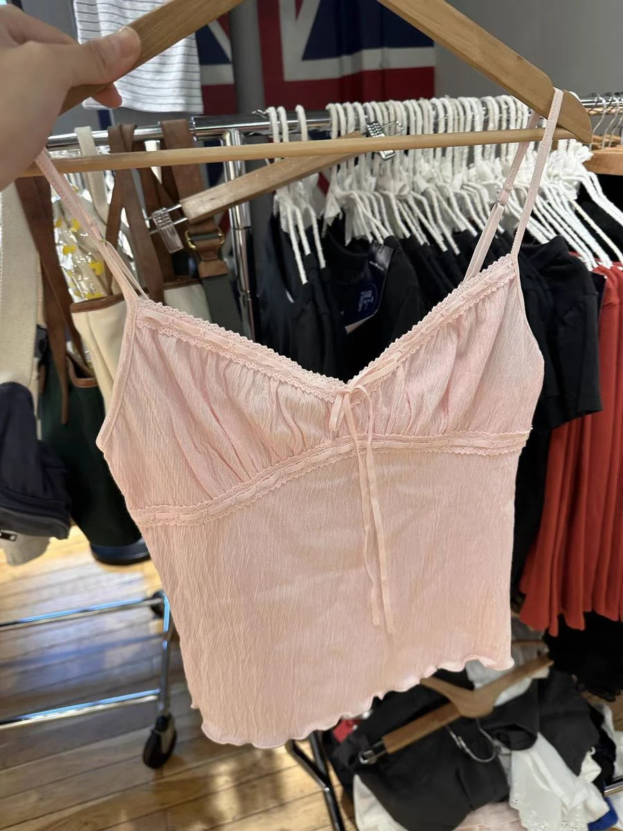 Slanke tanktop met veters en V-hals Dames Zomer Kanten rand Chique textuur Katoenen hemdje Roze Zoet Schattig Preppy stijl Crop Tops Y2k