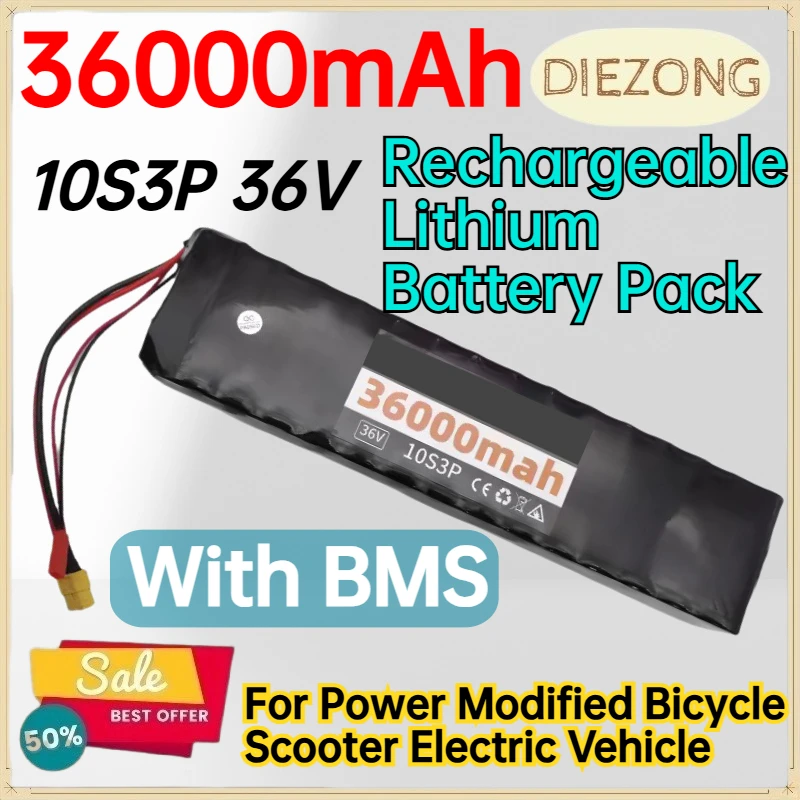 10S3P 36V 36000mAh Rechargeable Lithium Battery Pack for Power Modified Bicycle Scooter Electric Vehicle with BMS