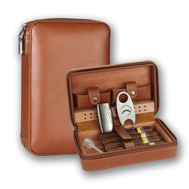 Portable Cigar Humidor Box with Cutter Lighter Travel Leather Cedar Wood Cigars Case Set