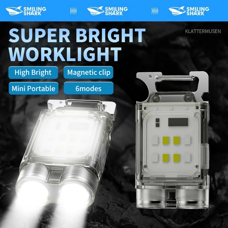 SMILING SHARK TIP062 Rechargeable Keychain Light Mini COB Work Light Portable Flashlight with Hook & Magnetic Clip for Hiking