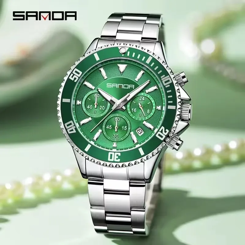 SANDA 9102 ساعة كوارتز نسائية كلاسيكية كرونوغراف تقويم ساعة مضيئة مقاوم للماء حزام من الفولاذ المقاوم للصدأ ساعة يد للسيدات