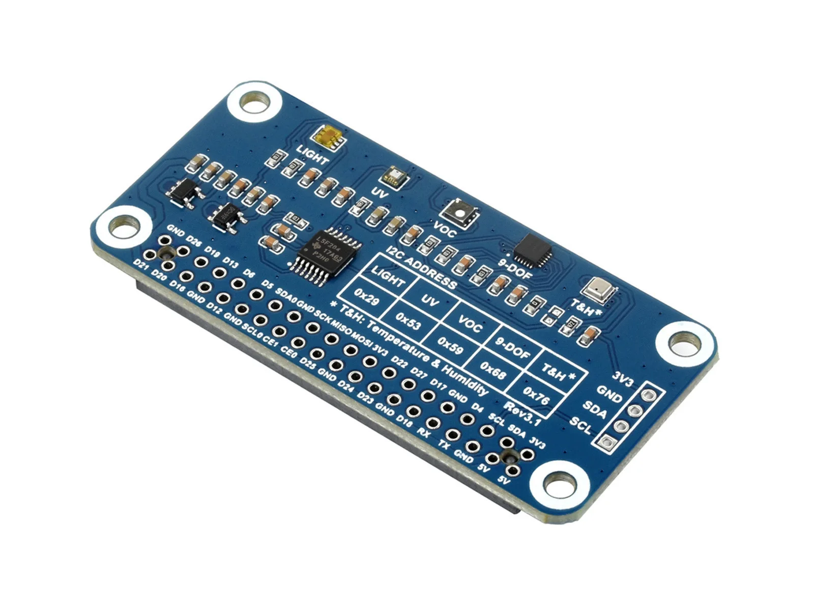 Waveshare Environment Sensor HAT for Raspberry Pi,I2C Bus,onboard resources including ambient light sensor,VOC sensor,IR/UV