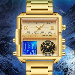 Fashion Sanda Top Brand Square Dial Three-display Multi Function Electronic Men's Quartz Electronic Double Movement Men's Watch