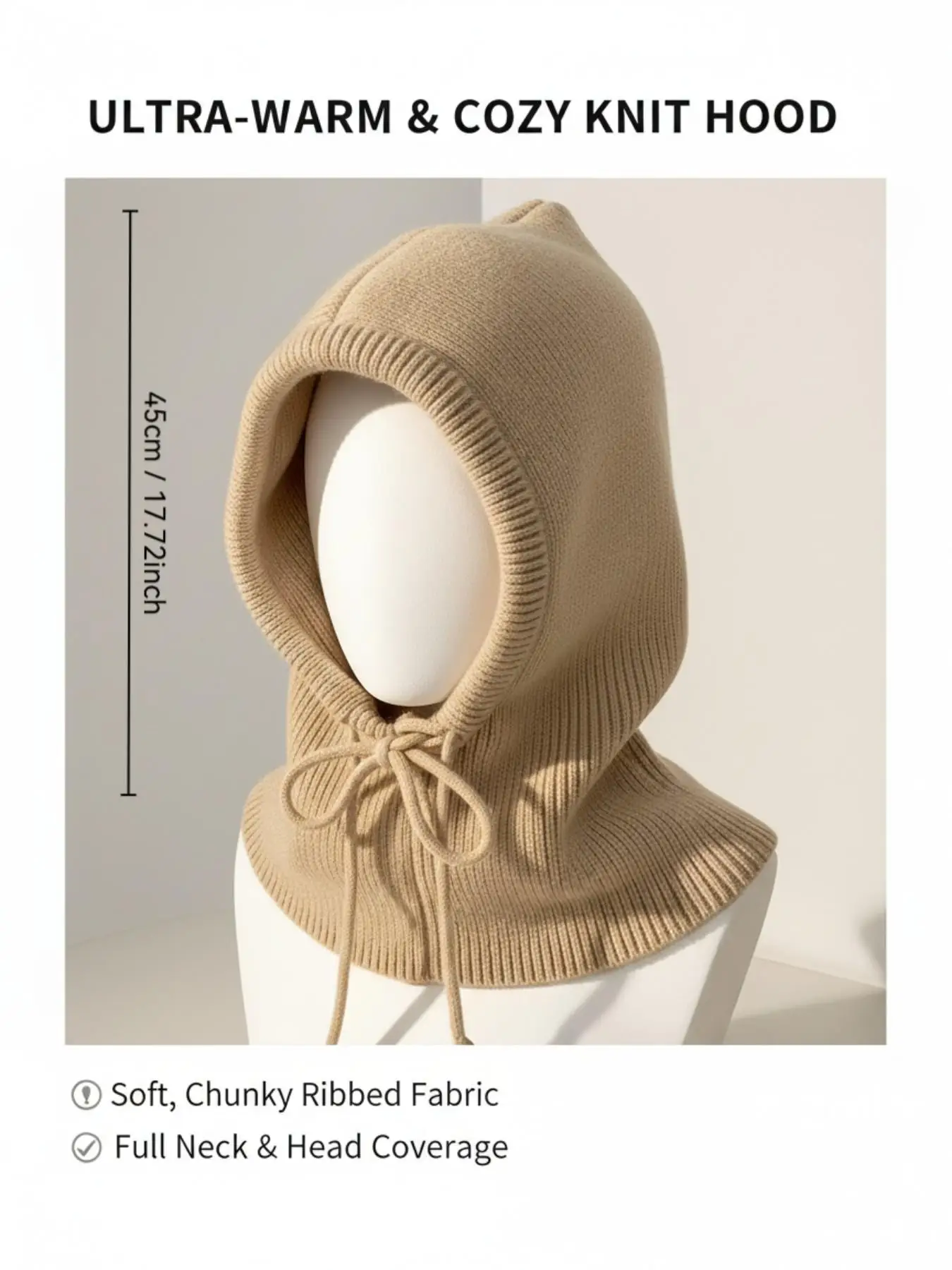 Winter Knit Balaclava Hooded Scarf 2 In 1 Neck Warmer Earflap Windproof Drawstring Beanie for Skiing Outdoor Women
