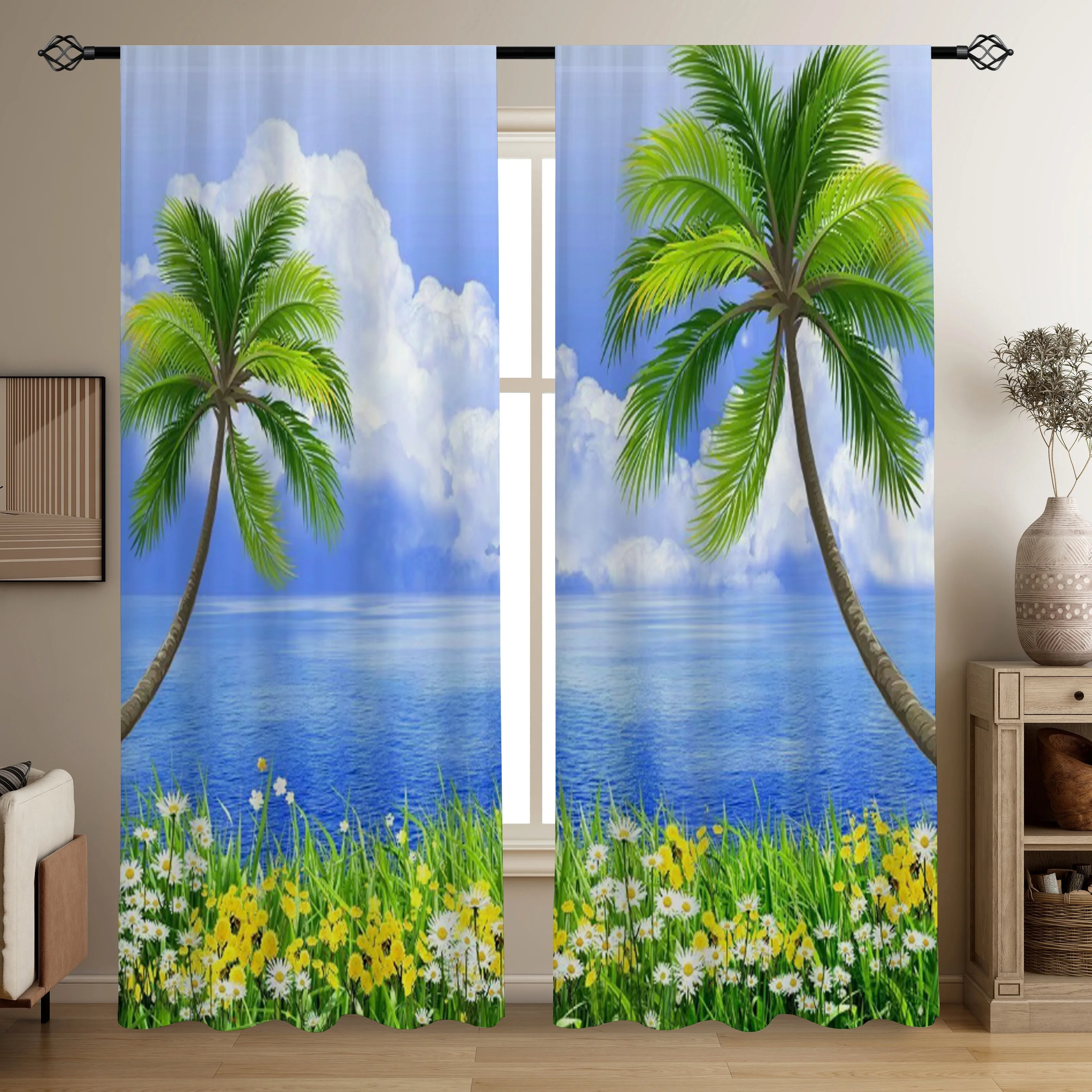 Tropical Beach Palm Tree Curtains Ocean View Window Drapes Summer Resort Seaside Vacation Style Curtain Pair Decoration