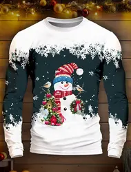 Christmas Men's T-Shirt 3D Print Elk/Snowman Graphics Casual Tops Long Sleeve Crew Neck Shirt Spring & Fall Clothing Apparel