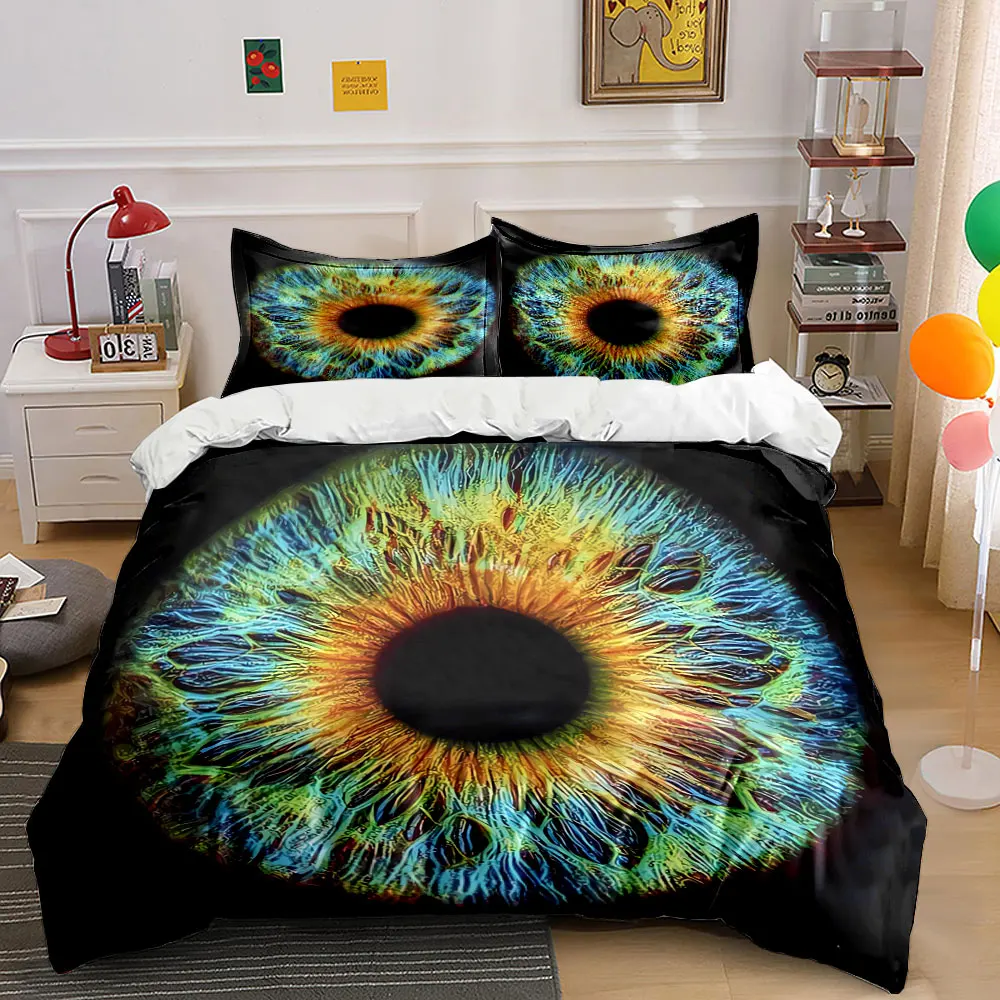 Buntes Bettwäsche-Set mit abstraktem Augen-Dekor-Set, bestehend aus 1 Bettbezug, 2 Kissenbezügen, Einzelbett, Doppelbett, King-Size-Bett, Queen-Size-Bett, Geschenk