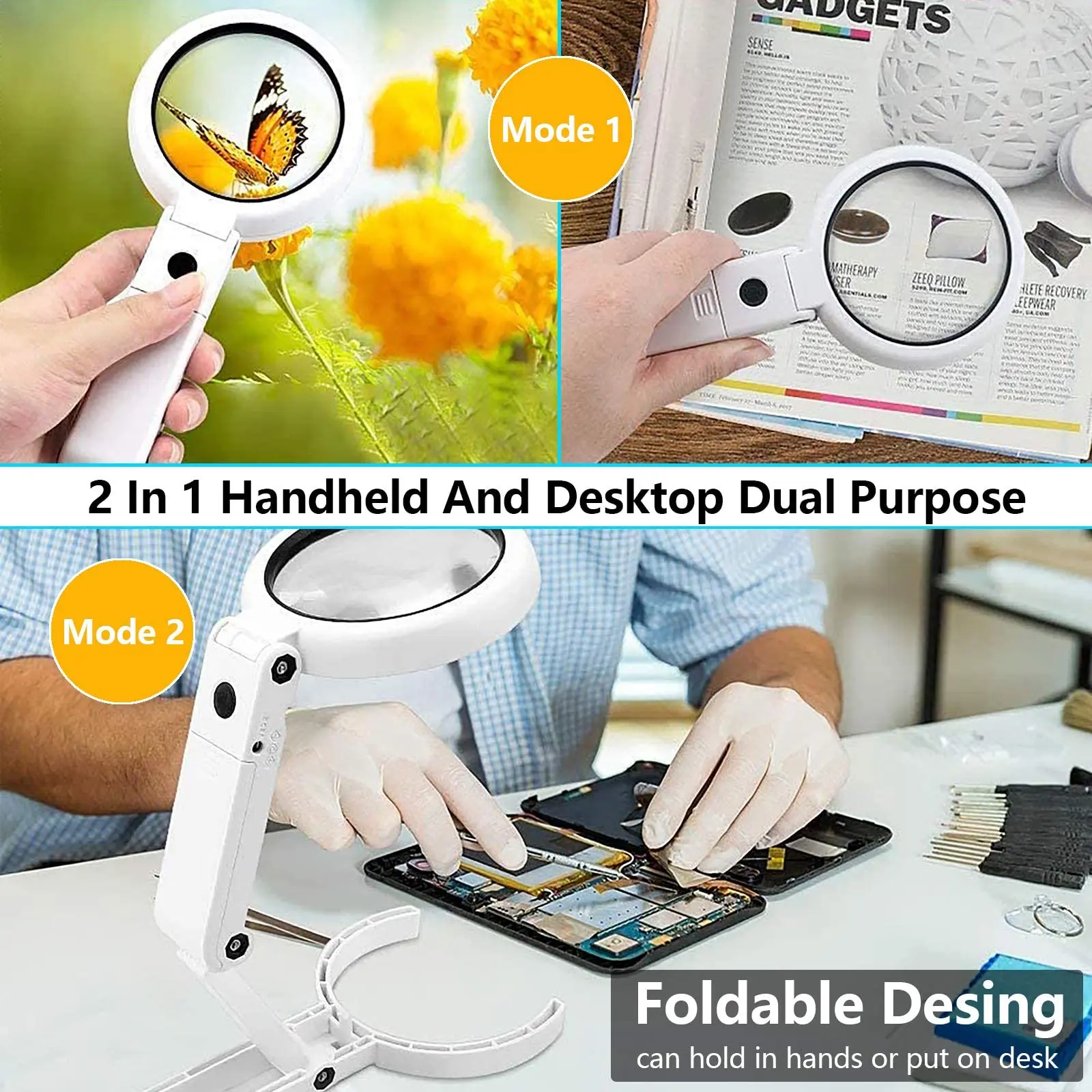 5x 11x Folding Magnifying Glass for Repair with 8 LED Lights and Stand Handheld Desk Magnifier Potable for Seniors Reading Lamp