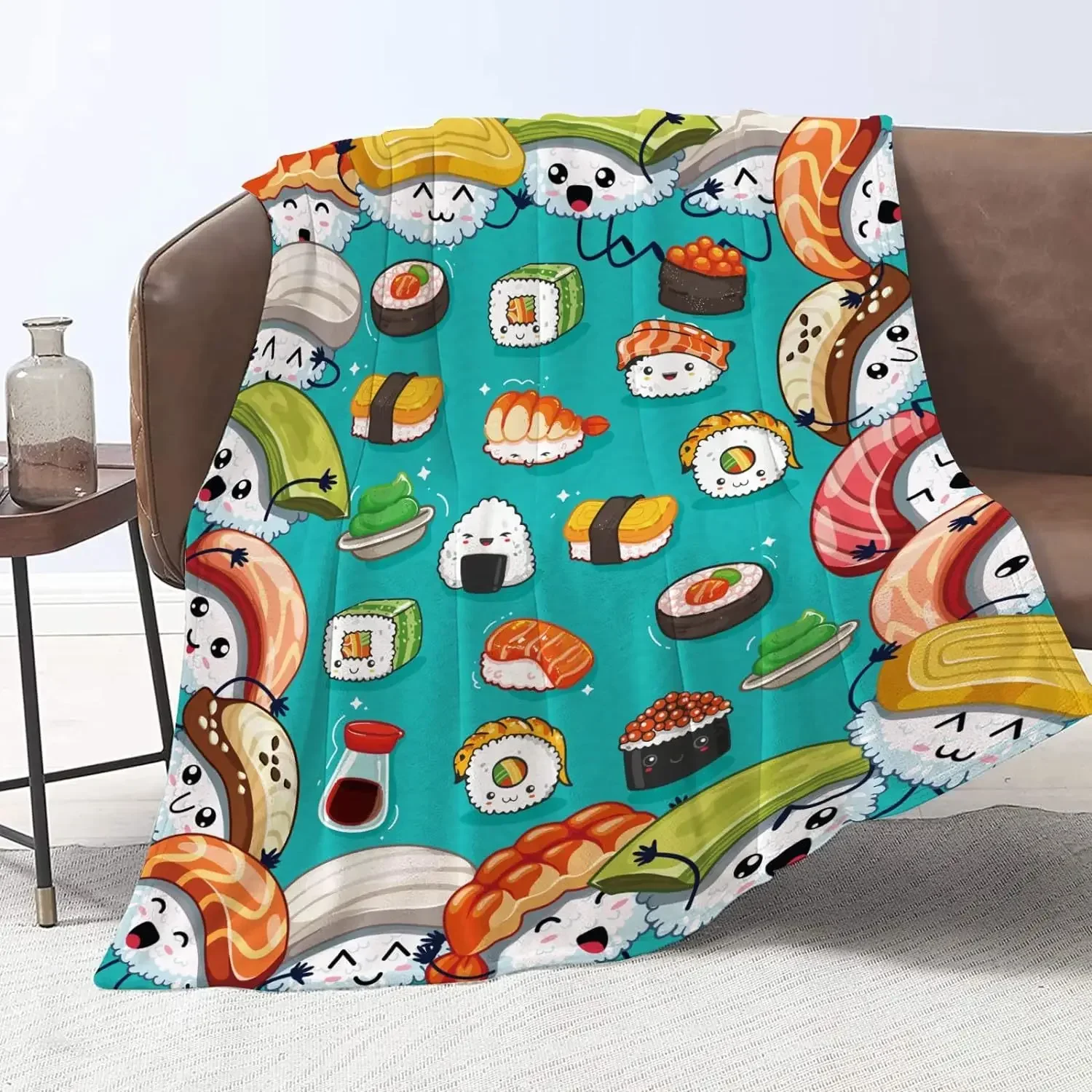

Fun Cartoon Sushi Food Print Throw Blanket Soft Lightweight Linen Bed Cover for Kids Colorful Home Textile