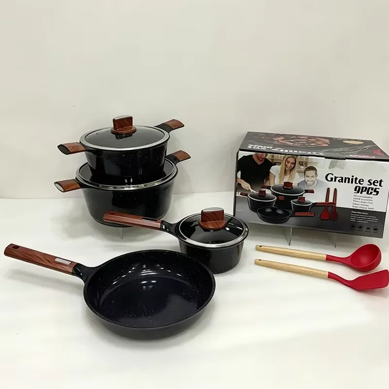 Wholesale 9 Pieces Granite Coating Non-Stick Aluminum Kitchen Cookware Set with Wooden Handle and Silicone Utensils