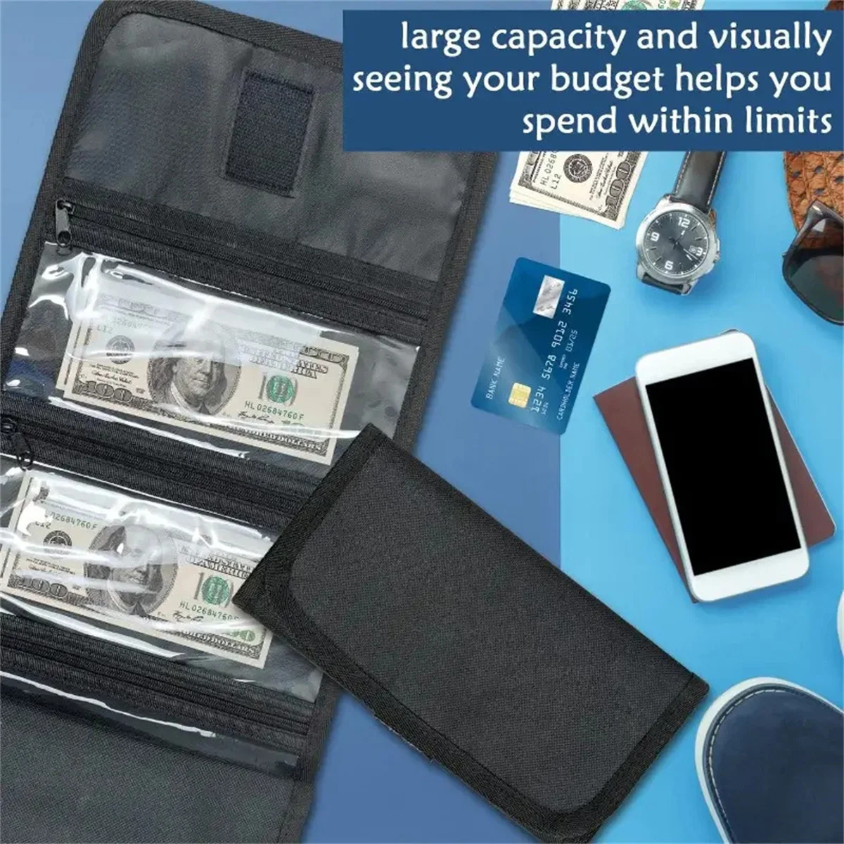 Cash Organizer with 6 Zipper Pockets, Cash Bill Organizer, Envelope Wallet Money Bag, Receipts, Cash and More Storage, Perfect V