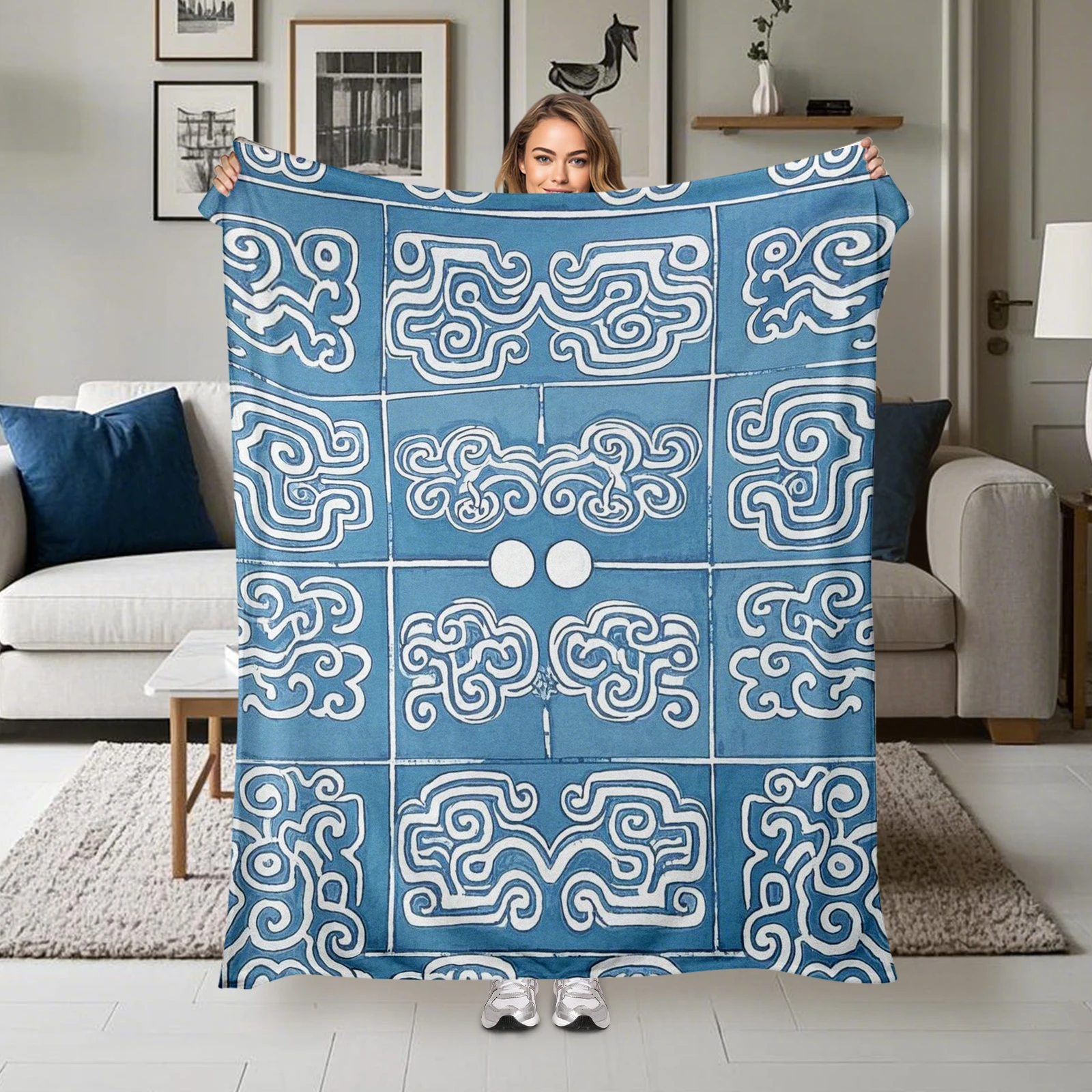 

Stylish Blue And White Cloud Design Blanket With Geometric Segmentation, Ideal For Modern Living Spaces