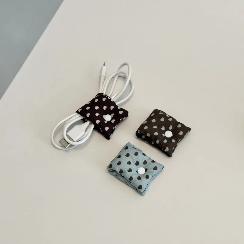 Double-Sided Love Heart Fabric Cable Organizer Dopamine Polka Dot Wire Winder for Earphone Data Line Reusable Cord Wrap Holder