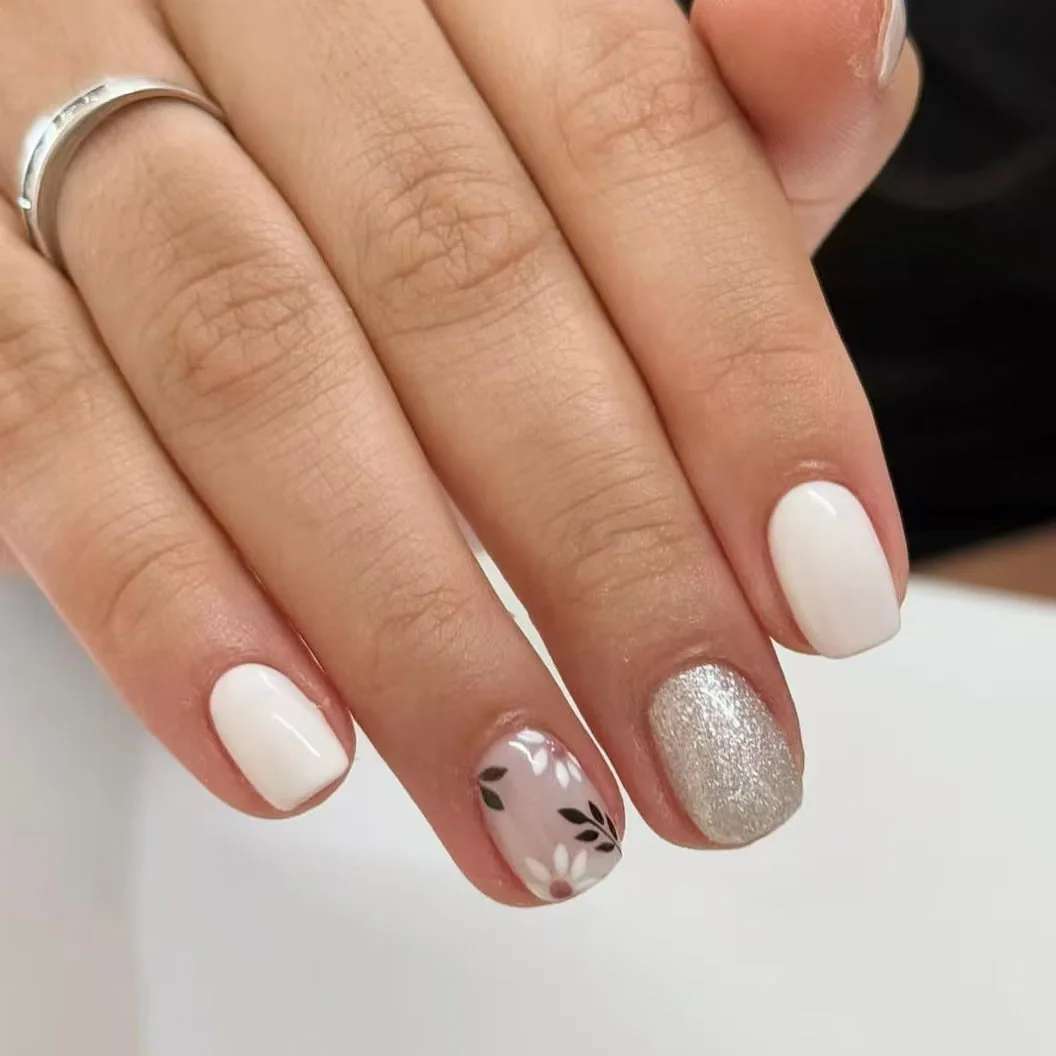 24pcs Flower Short Square False Nails Tips Yellow French Full Cover Reusable Ballet Press on Nails Simple Cute Design Fake Nail