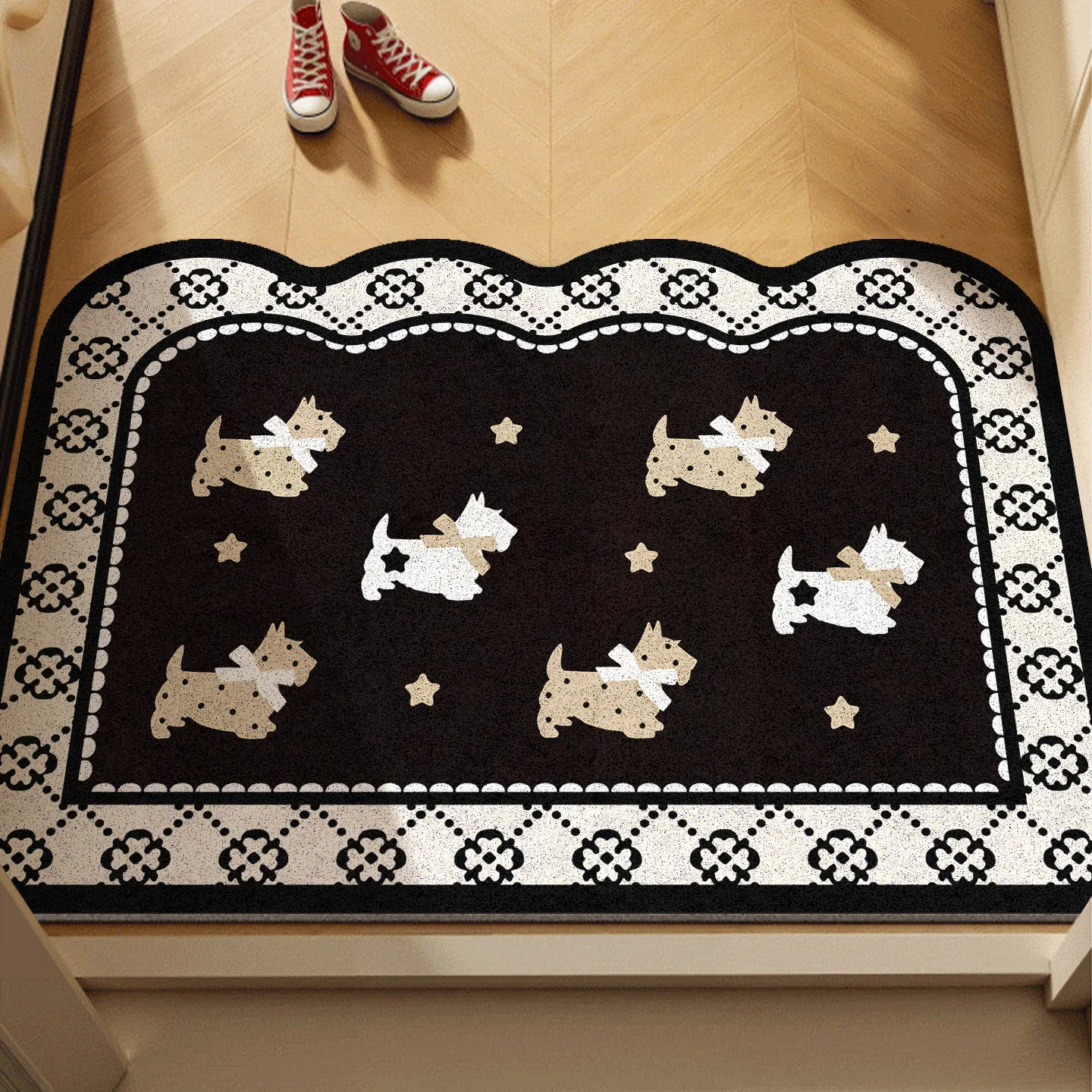 PVC Coil Scalloped Door Mat Cute West Highland Terrier Puppy Pattern Thick Non Slip Dirt Sand Trapping Waterproof Entrance Rug