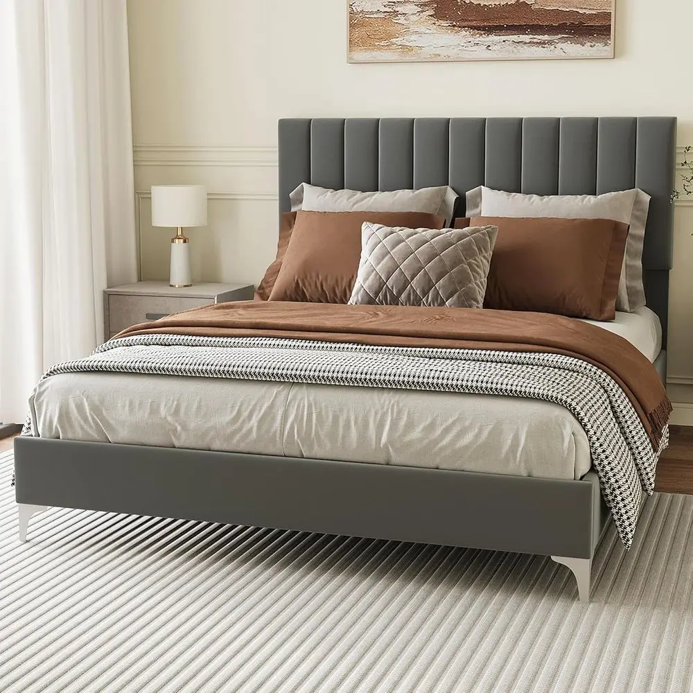 سرير بمنصة منجدة كاملة الحجم مع لوح رأسي قابل للتعديل وتصميم منخفض لكبار السن والأطفال، لا حاجة إلى صندوق زنبركي