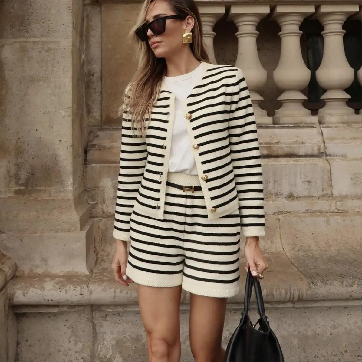 Spring Autumn Casual Suits Fashion Knit Striped Shorts Sets For Women Long Sleeve Sweater Jacket and Slim Shorts Two Piece Sets