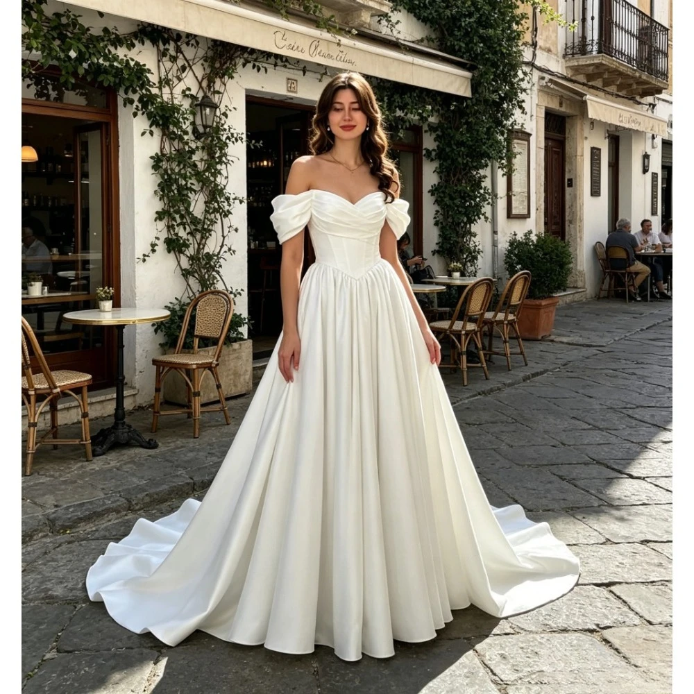 Customized Off Shoulder Bubble Sleeves Satin Beach Wedding Dresses 2026 New Tight Corset A-line Bridal Gown Minimalist Style