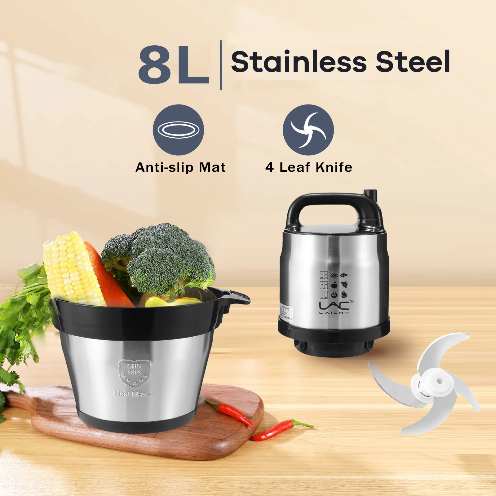 8L Large-capacity Kitchen Household High-speed Electric Food Processing Shredder Stainless Steel Cutting Machine  Meat Mincer