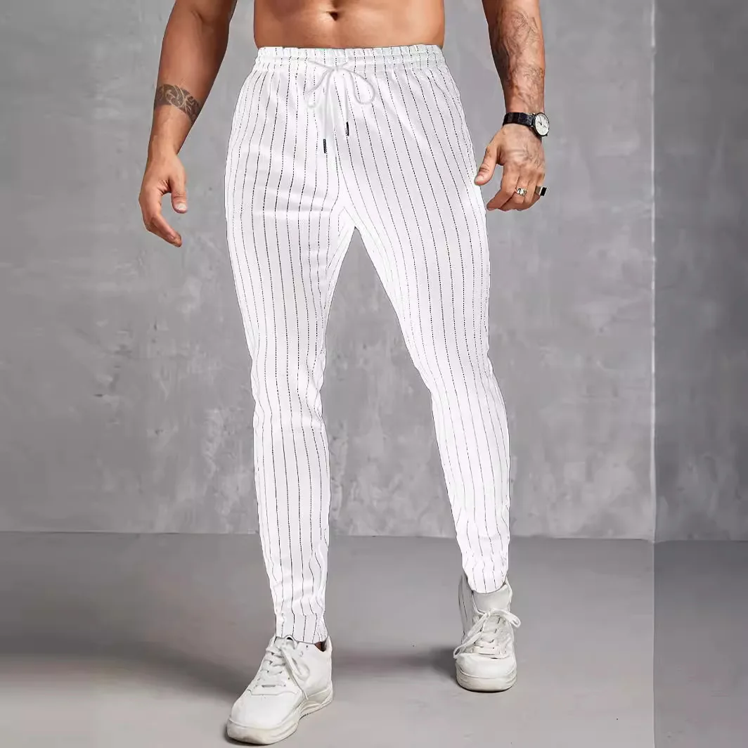 Male All Matching Striped Trousers Pattern Color Block Pocket Beach Casual Pants Drawstring Wide Leg Straight Pants