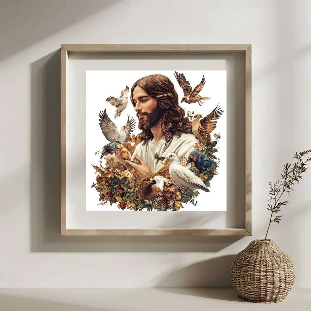 1 Stück 30x30 cm/11,8 Zoll, 11Ct/14Ct Kreuzstich-Set, DIY Valentinstagsgeschenk, Stickerei-Set für Festlichkeiten, Jesus mit Vögeln und Blumen – Detail 3