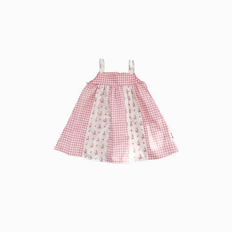 Summer Children Girl Sling Dress Cotton Petal Floral Printed Spliced Toddler Girl Dress Koresn Loose Plaid Kids Girls Slip Dress