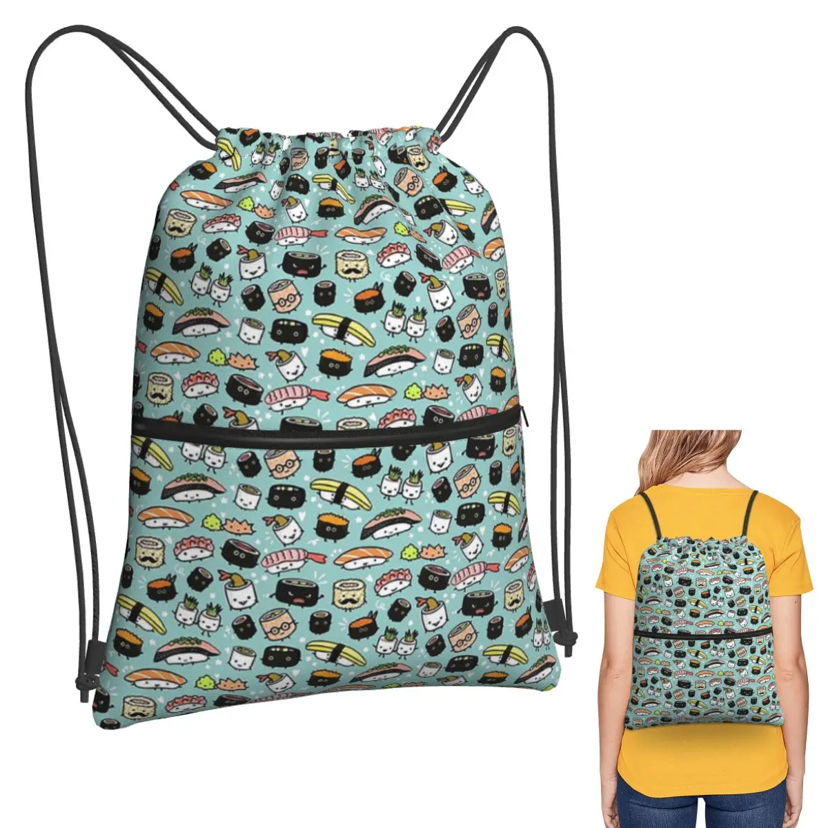 Mochilas con personajes de Sushi Kawaii, bolsas con cordón multifunción, bolsa deportiva, bolsas para libros para viajes y escuela