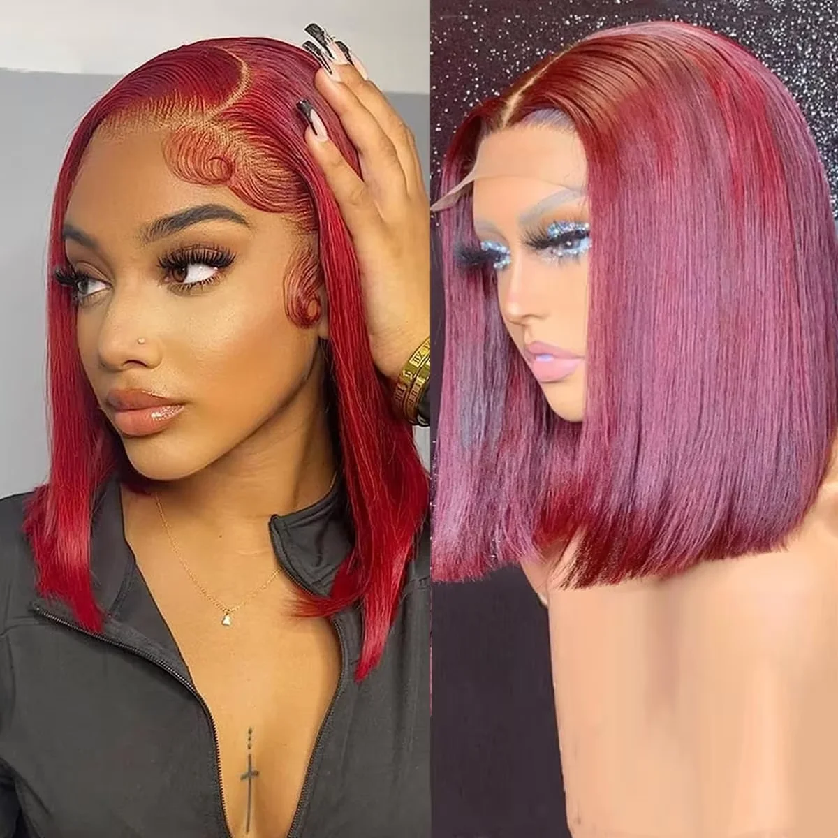 

Double Drawn Straight Short Bob Wigs Human Hair 13x4 Lace Frontal Wig Pre Plukced Burgundy Red Colored Lace Front Wigs For Women