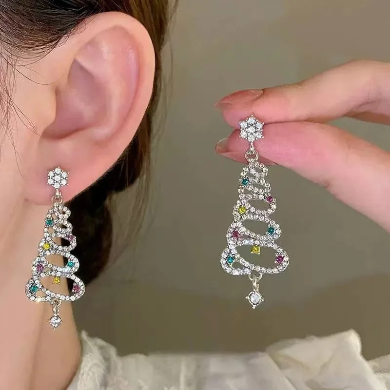 Christmas Tree Earrings For Women Rhinestone Zircon Xmas Tree Drop Aesthetic Geometric Tassel Christmas New Year Earrings