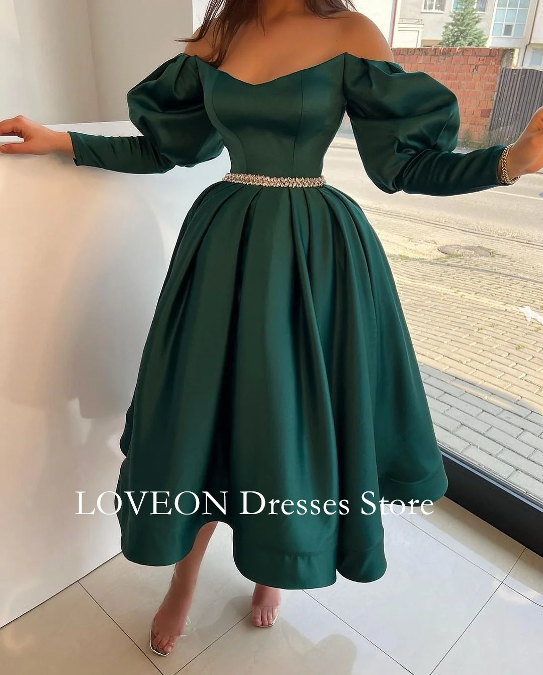 

Вечернее платье с открытыми плечами и бисером, зеленое атласное платье до щиколотки с открытой спиной для выпускного вечера