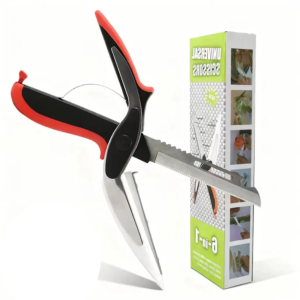 6 in 1 Multifunctional Stainless Steel Kitchen Scissors Detachable BBQ Steak Cutting Shears Vegetable Fruit Knife for Household