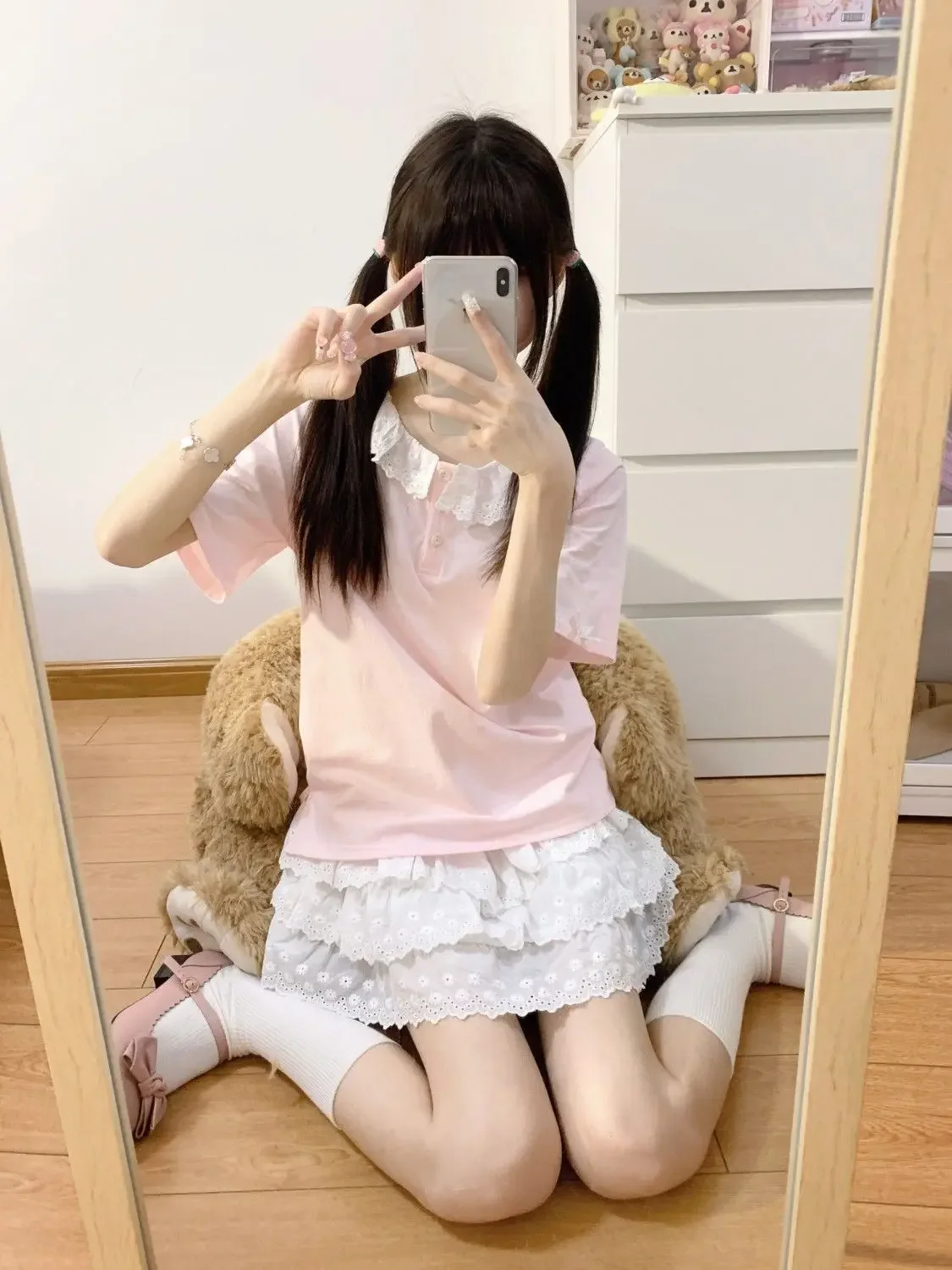 

Lace O-neck Bow Short Sleeved Versatile Pink T-shirt + Slim Waist Ruffles Mini A-line Cake Skirt Sweet Lolita Y2k Casual Suits